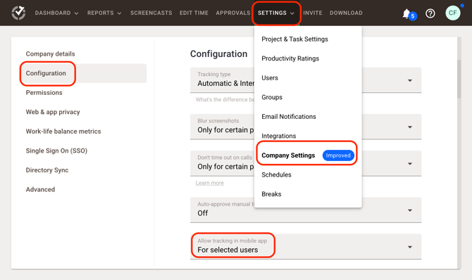 Mobile Time Tracking Settings