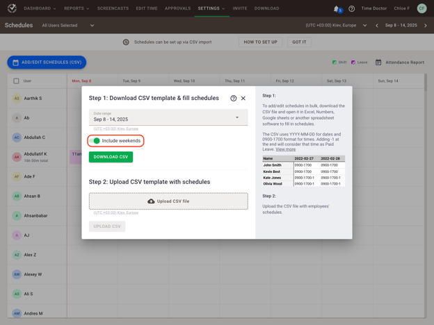 schedules download csv weekends