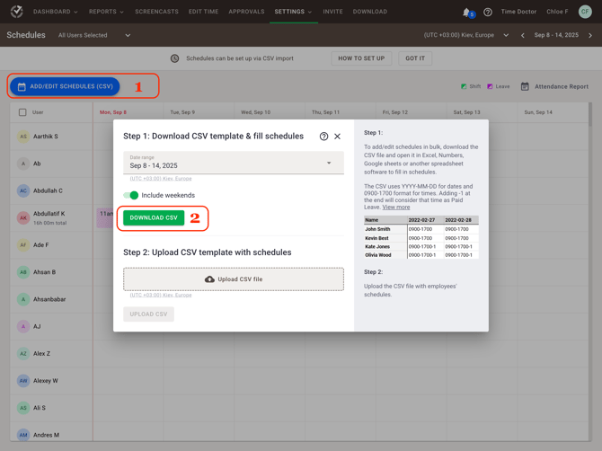 schedules download csv