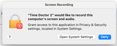 timedoctor2 screen recording permission notification